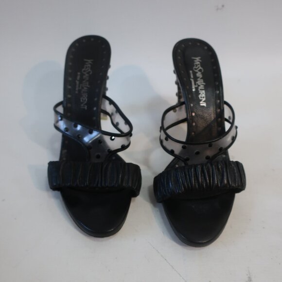 Authentic Yves Saint Laurent Ruched Leather Lucite Gem Strappy Heels 37.5 US/7.5 - Picture 4 of 12